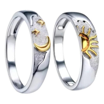 Aliança Casal Prata 925 Sol E Lua Ouro 18k - Aliança É O PAR