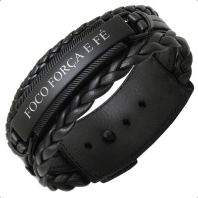 Pulseira Masculina Couro Ajustável Foco Força Fé Coragem
